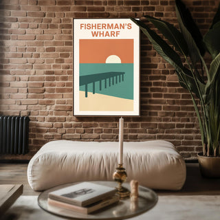 Fisherman’s Wharf Poster – Minimalist Coastal Wall Art with Pier and Sunset, Retro Beach Travel Print for Seaside Home or Nautical Decor - Just Great Posters