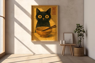 Black Cat Ramen Poster – Cute Japanese Watercolor Style Cat Wall Art, Funny Foodie Print for Kitchen, Cafe, or Cozy Home Decor - Just Great Posters