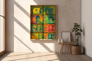 Pop Art Money Poster – Global Currency Collage Print, Colorful Retro Banknote Wall Art, Modern Financial Decor for Offices or Homes - Just Great Posters