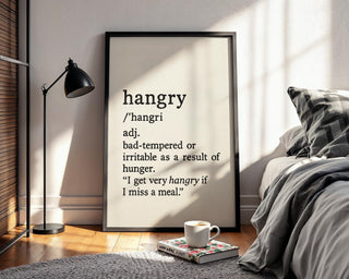 Hangry Definition Wall Art – Funny Kitchen Decor or Gift, Black and White Typography Print for Foodies, Snackers or Office Break Rooms - Just Great Posters