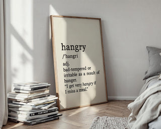 Hangry Definition Wall Art – Funny Kitchen Decor or Gift, Black and White Typography Print for Foodies, Snackers or Office Break Rooms - Just Great Posters