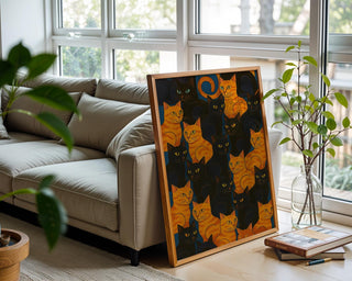 Orange and Black Cats Art Print – Retro Feline Wall Poster for Cat Lovers, Bold Graphic Pattern for Bedroom, Office or Gallery Wall - Just Great Posters