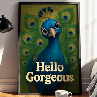 Hello Gorgeous Peacock Art Print – Bold Animal Wall Art with Attitude, Colorful Statement Poster for Bedroom, Gallery, or Entryway - Just Great Posters