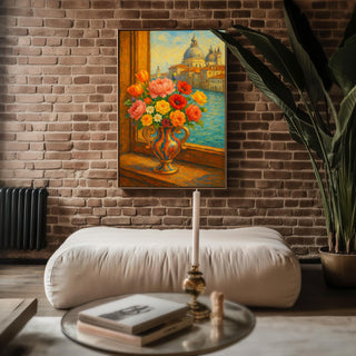 Venetian Flower Vase Art Print – Romantic Italy Window View Poster, Impressionist Floral Wall Art - Just Great Posters