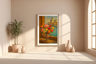 Venetian Flower Vase Art Print – Romantic Italy Window View Poster, Impressionist Floral Wall Art - Just Great Posters