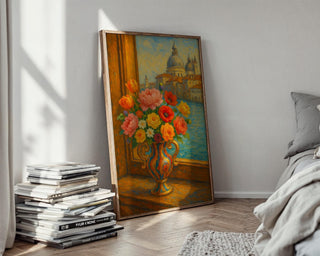 Venetian Flower Vase Art Print – Romantic Italy Window View Poster, Impressionist Floral Wall Art - Just Great Posters