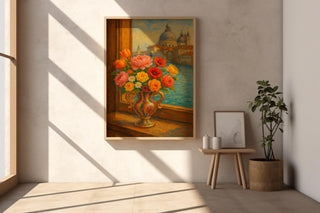 Venetian Flower Vase Art Print – Romantic Italy Window View Poster, Impressionist Floral Wall Art - Just Great Posters
