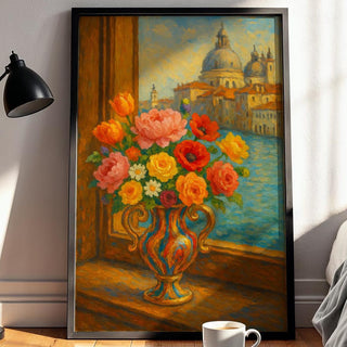 Venetian Flower Vase Art Print – Romantic Italy Window View Poster, Impressionist Floral Wall Art - Just Great Posters