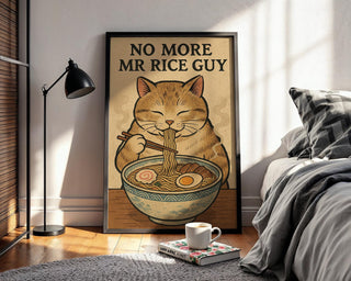 Funny Ramen Cat Poster – No More Mr. Rice Guy, Japanese Food Pun Wall Art, Kawaii Noodle Print - Just Great Posters