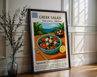 Greek Salad Poster Print – Mediterranean Recipe Wall Art, Colorful Food Illustration for Kitchen or Cafe - Just Great Posters