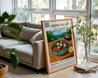 Greek Salad Poster Print – Mediterranean Recipe Wall Art, Colorful Food Illustration for Kitchen or Cafe - Just Great Posters