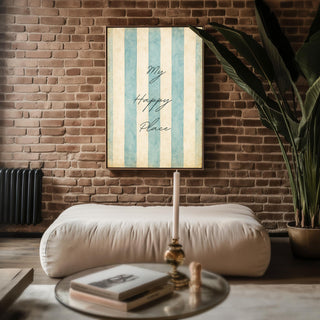 My Happy Place Wall Art – Pastel Blue Striped Typography Poster, Minimal Coastal Decor for Bedroom, Beach House, or Serene Home Vibes - Just Great Posters
