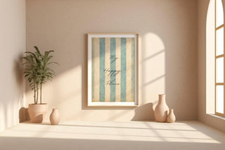 My Happy Place Wall Art – Pastel Blue Striped Typography Poster, Minimal Coastal Decor for Bedroom, Beach House, or Serene Home Vibes - Just Great Posters