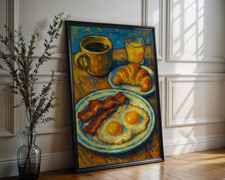 Bold Breakfast Art Print | Bacon Eggs Coffee Croissant Painting in Post - Impressionist Style | Colorful Kitchen Wall Art for Food Lovers - Just Great Posters