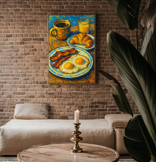 Bold Breakfast Art Print | Bacon Eggs Coffee Croissant Painting in Post - Impressionist Style | Colorful Kitchen Wall Art for Food Lovers - Just Great Posters