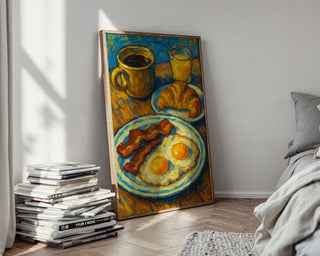 Bold Breakfast Art Print | Bacon Eggs Coffee Croissant Painting in Post - Impressionist Style | Colorful Kitchen Wall Art for Food Lovers - Just Great Posters