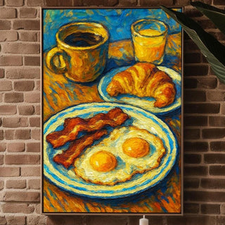 Bold Breakfast Art Print | Bacon Eggs Coffee Croissant Painting in Post - Impressionist Style | Colorful Kitchen Wall Art for Food Lovers - Just Great Posters