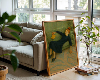 Sleeping Girl on Sofa Art Print | Soft Modern Figurative Painting with Book | Cozy Minimalist Wall Art for Reading Lovers & Introverts - Just Great Posters