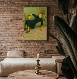 Sleeping Girl on Sofa Art Print | Soft Modern Figurative Painting with Book | Cozy Minimalist Wall Art for Reading Lovers & Introverts - Just Great Posters