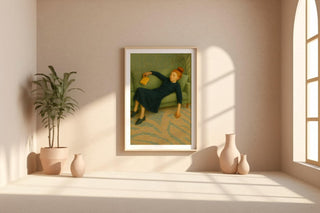 Sleeping Girl on Sofa Art Print | Soft Modern Figurative Painting with Book | Cozy Minimalist Wall Art for Reading Lovers & Introverts - Just Great Posters