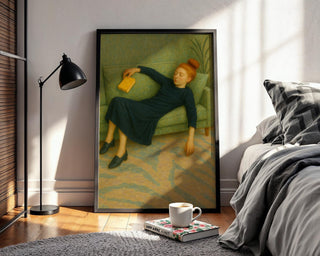 Sleeping Girl on Sofa Art Print | Soft Modern Figurative Painting with Book | Cozy Minimalist Wall Art for Reading Lovers & Introverts - Just Great Posters