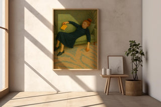 Sleeping Girl on Sofa Art Print | Soft Modern Figurative Painting with Book | Cozy Minimalist Wall Art for Reading Lovers & Introverts - Just Great Posters