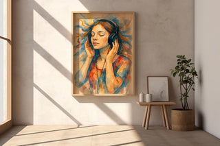 Listening to Music Watercolor Art Print | Dreamy Girl with Headphones in Flowing Color | Peaceful Wall Art for Music & Art Lovers - Just Great Posters