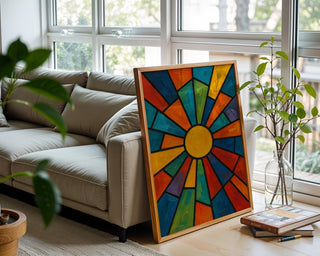 Abstract Sunburst Art Print | Bold Geometric Wall Art in Stained Glass Style | Retro Modern Colorful Poster for Living Room or Studio - Just Great Posters