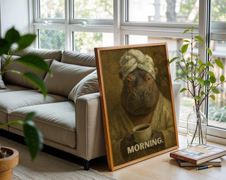 Funny Hippo Morning Coffee Art Print | Moody Animal Portrait in Robe & Towel | Quirky Wall Art for Kitchens, Offices, Coffee Corners - Just Great Posters