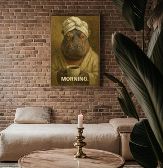 Funny Hippo Morning Coffee Art Print | Moody Animal Portrait in Robe & Towel | Quirky Wall Art for Kitchens, Offices, Coffee Corners - Just Great Posters