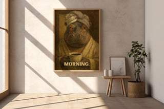 Funny Hippo Morning Coffee Art Print | Moody Animal Portrait in Robe & Towel | Quirky Wall Art for Kitchens, Offices, Coffee Corners - Just Great Posters