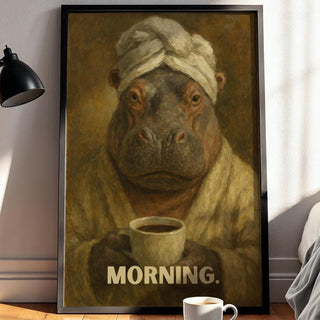 Funny Hippo Morning Coffee Art Print | Moody Animal Portrait in Robe & Towel | Quirky Wall Art for Kitchens, Offices, Coffee Corners - Just Great Posters
