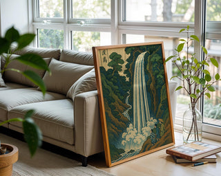 Japanese Waterfall Art Print | Vintage Landscape Poster in Ukiyo - e Style | Tranquil Nature Wall Art for Zen Spaces & Classic Homes - Just Great Posters