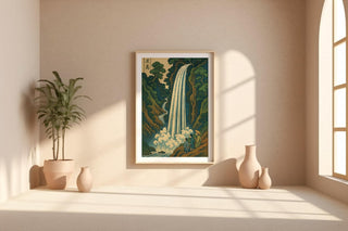 Japanese Waterfall Art Print | Vintage Landscape Poster in Ukiyo - e Style | Tranquil Nature Wall Art for Zen Spaces & Classic Homes - Just Great Posters