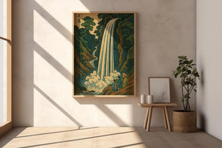 Japanese Waterfall Art Print | Vintage Landscape Poster in Ukiyo - e Style | Tranquil Nature Wall Art for Zen Spaces & Classic Homes - Just Great Posters