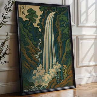Japanese Waterfall Art Print | Vintage Landscape Poster in Ukiyo - e Style | Tranquil Nature Wall Art for Zen Spaces & Classic Homes - Just Great Posters
