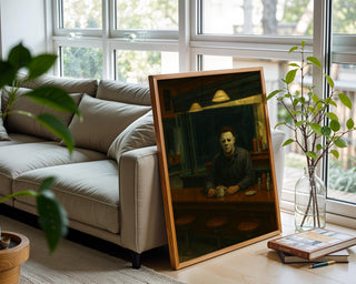 Horror Diner Poster – Horror Movie Mashup Wall Art, Edward Hopper Style Halloween Print for Fans of Slasher Films and Fine Art - Just Great Posters