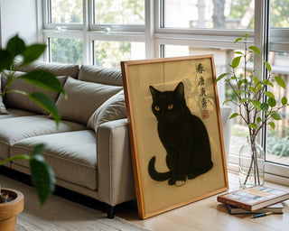 Japanese Black Cat Poster – Minimalist Ink Style Animal Wall Art, Mystical Zen Feline Print for Witchy, Wabi - Sabi, or Spiritual Home Decor - Just Great Posters