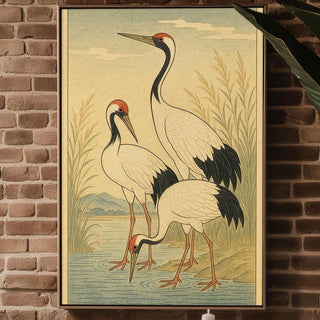 Japanese Cranes Poster – Ukiyo - e Style Nature Wall Art, Traditional Japanese Wildlife Print for Zen Decor, Calm Interiors or Japandi Homes - Just Great Posters