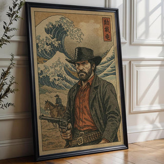 Cowboy Ukiyo - e Poster – Japanese Woodblock Western Mashup Print, Red Dead Inspired Art for Gamers, Samurai Fans or Bold Wall Decor - Just Great Posters