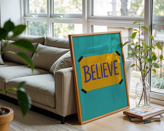Believe Sign Wall Art – Bold Motivational Poster in Yellow & Blue, Ted Lasso Inspired Print for Office, Dorm, or Positive Vibe Spaces - Just Great Posters