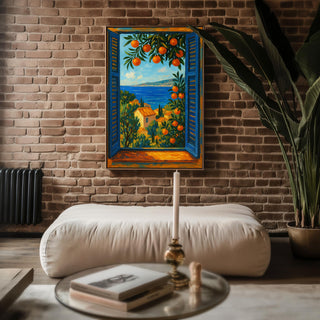 Mediterranean Window Art – Coastal Landscape Poster with Sea View, Orange Trees & Villas, Serene European Travel Wall Print - Just Great Posters