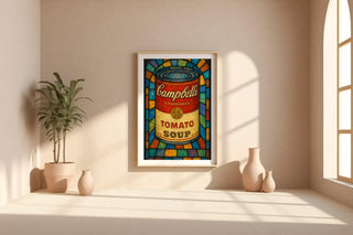 Pop Art Soup Can Poster – Warhol - Inspired Campbell’s Tomato Soup Print in Stained Glass Style, Bold Retro Kitchen Wall Art - Just Great Posters