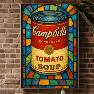 Pop Art Soup Can Poster – Warhol - Inspired Campbell’s Tomato Soup Print in Stained Glass Style, Bold Retro Kitchen Wall Art - Just Great Posters