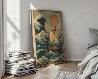 Viking Ship Ocean Poster – Epic Norse Mythology Wall Art with Hokusai Wave & Red Sun, Bold Scandinavian - Inspired History Print - Just Great Posters