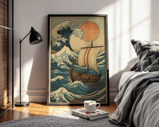 Viking Ship Ocean Poster – Epic Norse Mythology Wall Art with Hokusai Wave & Red Sun, Bold Scandinavian - Inspired History Print - Just Great Posters