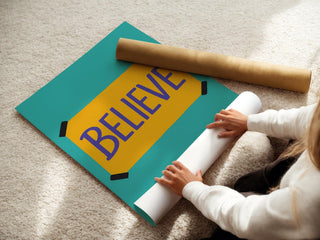 Believe Sign Wall Art – Bold Motivational Poster in Yellow & Blue, Ted Lasso Inspired Print for Office, Dorm, or Positive Vibe Spaces - Just Great Posters