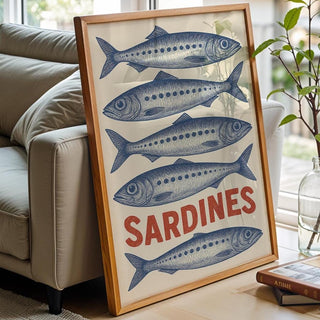Sardines Vintage Wall Art – Retro Seafood Poster, Blue Ink Kitchen Decor for Chefs, Foodies, or Nautical Coastal Style Homes and Cafés - Just Great Posters