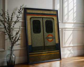 London Tube Train Art – Minimalist Underground Poster with Closed Doors and Red Roundel, Moody Metro Print for Urban Decor Lovers - Just Great Posters