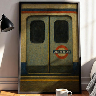 London Tube Train Art – Minimalist Underground Poster with Closed Doors and Red Roundel, Moody Metro Print for Urban Decor Lovers - Just Great Posters